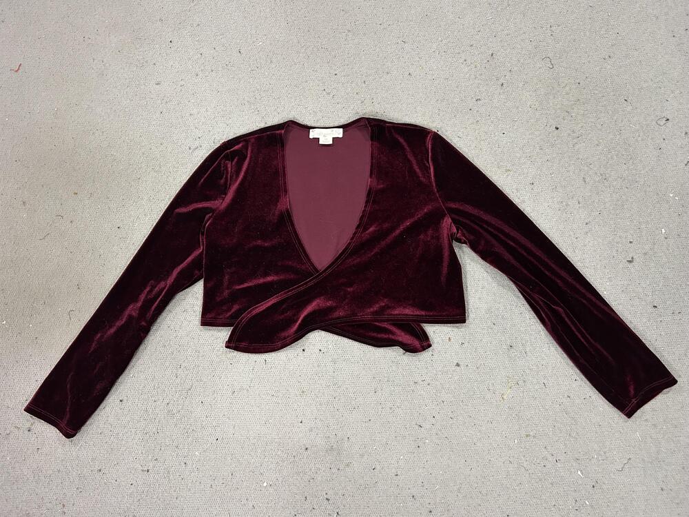Knitworks Shirt Girls 12 Burgundy Velvet Wrap Crop Top Long Sleeve Maroon Dance